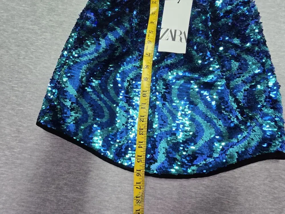 Zara Sequin Skirt Womens Small Blue Geometric Mini Lined Party Club Holiday